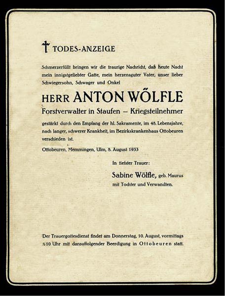 Todesanzeige Anton Wölfle
