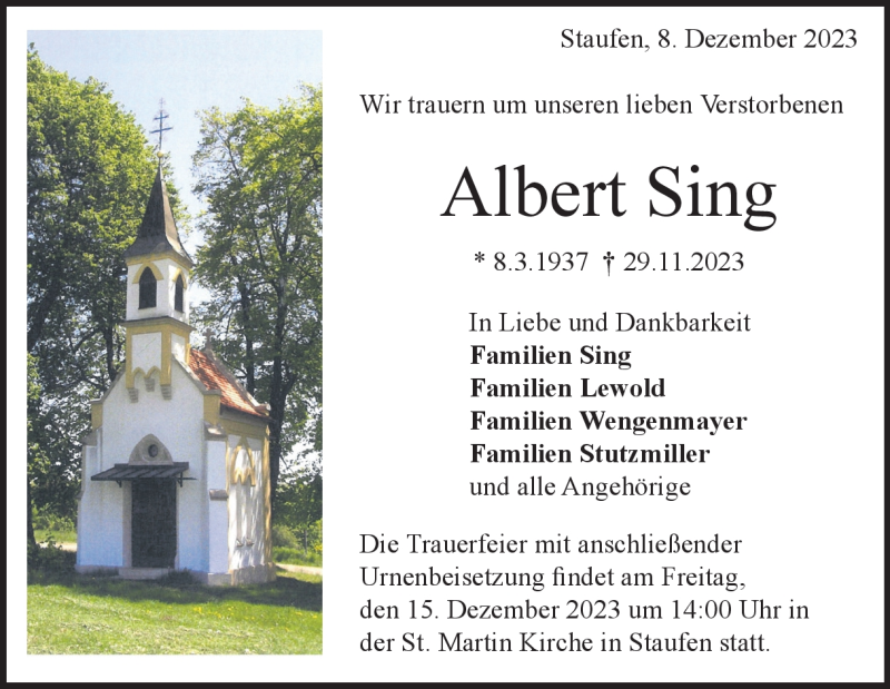 Todesanzeige Albert Sing