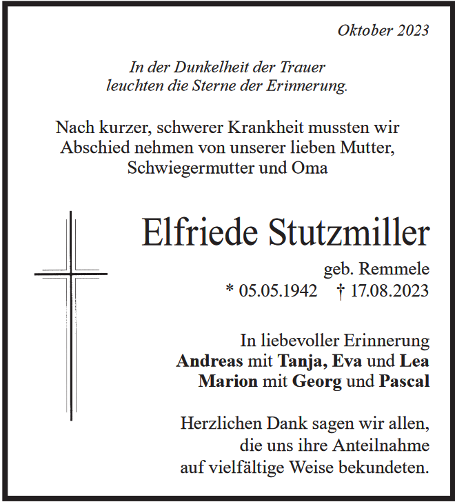 Todesanzeige Elfride Stutzmiller