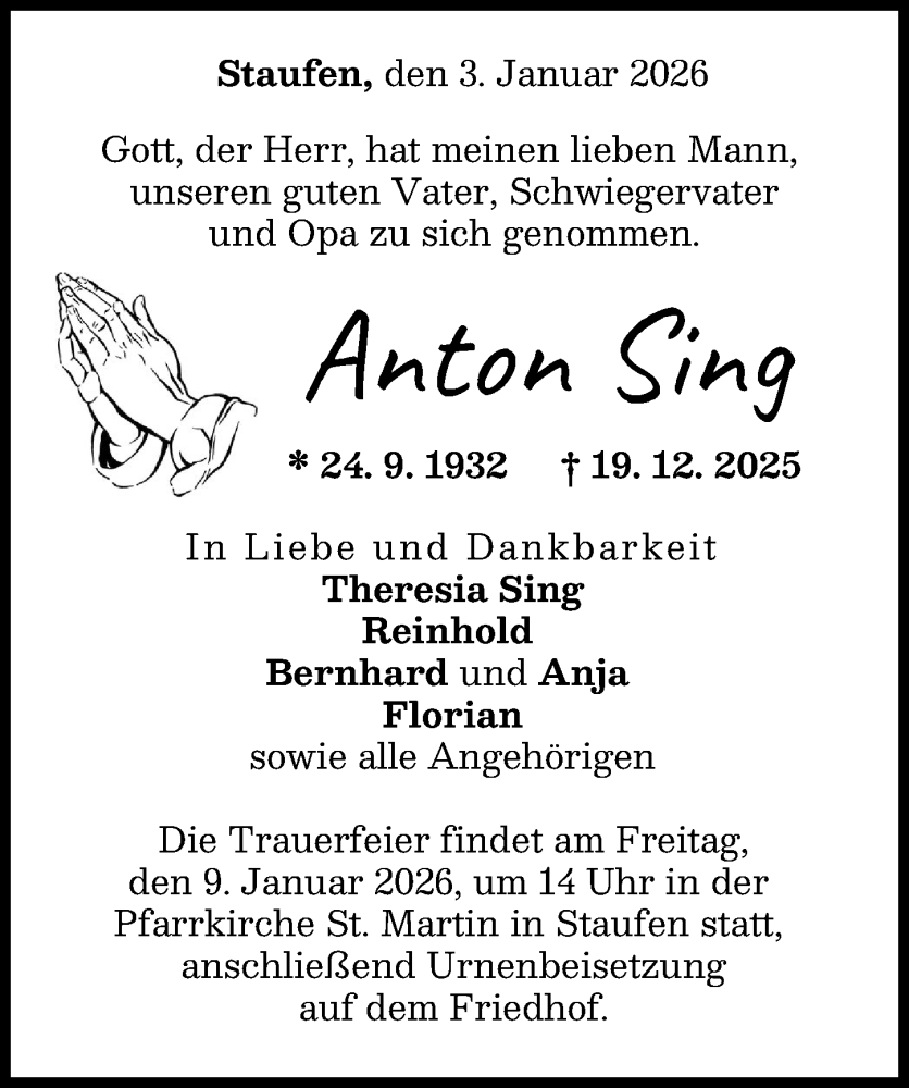 Traueranzeige DZ Anton Sing